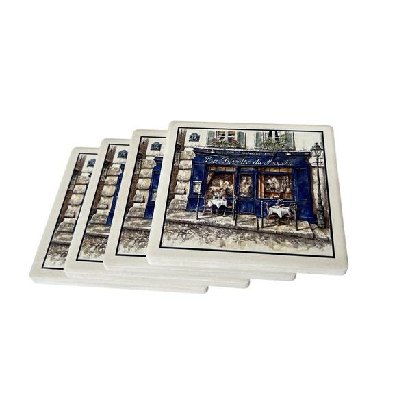 Ceramic Coasters Set Of 4 La Divette Du Moulin Cork Back Tray Paris Cafe - Picture 10 of 12